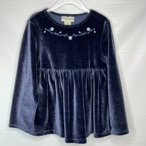 Polly Flinders Top Girls Sz M/5-6 Velvet Blue Floral Embroidery Soft Vintage